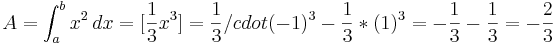 A=\int_{a}^{b} x^2\, dx= [\frac{1}{3}x^3]

= \frac{1}{3}/cdot (-1)^3-\frac{1}{3}* (1)^3= -\frac{1}{3}-\frac{1}{3}=  -\frac{2}{3}