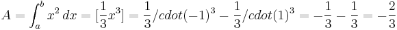 A=\int_{a}^{b} x^2\, dx= [\frac{1}{3}x^3]

= \frac{1}{3}/cdot (-1)^3-\frac{1}{3} /cdot (1)^3= -\frac{1}{3}-\frac{1}{3}=  -\frac{2}{3}
