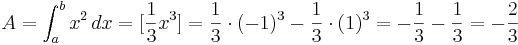 A=\int_{a}^{b} x^2\, dx= [\frac{1}{3}x^3]

= \frac{1}{3} \cdot (-1)^3-\frac{1}{3} \cdot (1)^3= -\frac{1}{3}-\frac{1}{3}=  -\frac{2}{3}