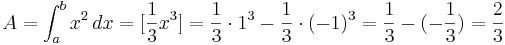 A=\int_{a}^{b} x^2\, dx= [\frac{1}{3}x^3]

= \frac{1}{3} \cdot 1^3-\frac{1}{3} \cdot (-1)^3= \frac{1}{3}-(-\frac{1}{3})=  \frac{2}{3}