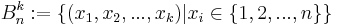 B_n^k := \{(x_1, x_2, ..., x_{k}) | x_{i} \in \{1, 2, ..., n\} \}