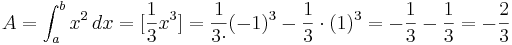 A=\int_{a}^{b} x^2\, dx= [\frac{1}{3}x^3]

= \frac{1}{3 \cdot }(-1)^3-\frac{1}{3} \cdot (1)^3= -\frac{1}{3}-\frac{1}{3}=  -\frac{2}{3}