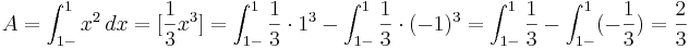 A=\int_{1-}^{1} x^2\, dx= [\frac{1}{3}x^3]

= \int_{1-}^{1}\frac{1}{3} \cdot 1^3-\int_{1-}^{1}\frac{1}{3} \cdot (-1)^3= \int_{1-}^{1}\frac{1}{3}-\int_{1-}^{1}(-\frac{1}{3})=  \frac{2}{3}