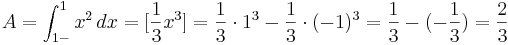 A=\int_{1-}^{1} x^2\, dx= [\frac{1}{3}x^3]

= \frac{1}{3} \cdot 1^3-\frac{1}{3} \cdot (-1)^3= \frac{1}{3}-(-\frac{1}{3})=  \frac{2}{3}