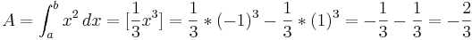 A=\int_{a}^{b} x^2\, dx= [\frac{1}{3}x^3]

= \frac{1}{3}*(-1)^3-\frac{1}{3}*(1)^3= -\frac{1}{3}-\frac{1}{3}=  -\frac{2}{3}
