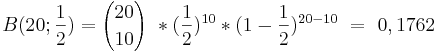 
B(20;\frac{1}{2}) = {20 \choose 10}\ *  (\frac{1}{2}) ^{10} *  (1- \frac{1}{2} )^{20-10} \  =  \ 0,1762
