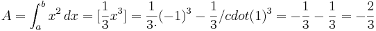 A=\int_{a}^{b} x^2\, dx= [\frac{1}{3}x^3]

= \frac{1}{3 \cdot }(-1)^3-\frac{1}{3} /cdot (1)^3= -\frac{1}{3}-\frac{1}{3}=  -\frac{2}{3}
